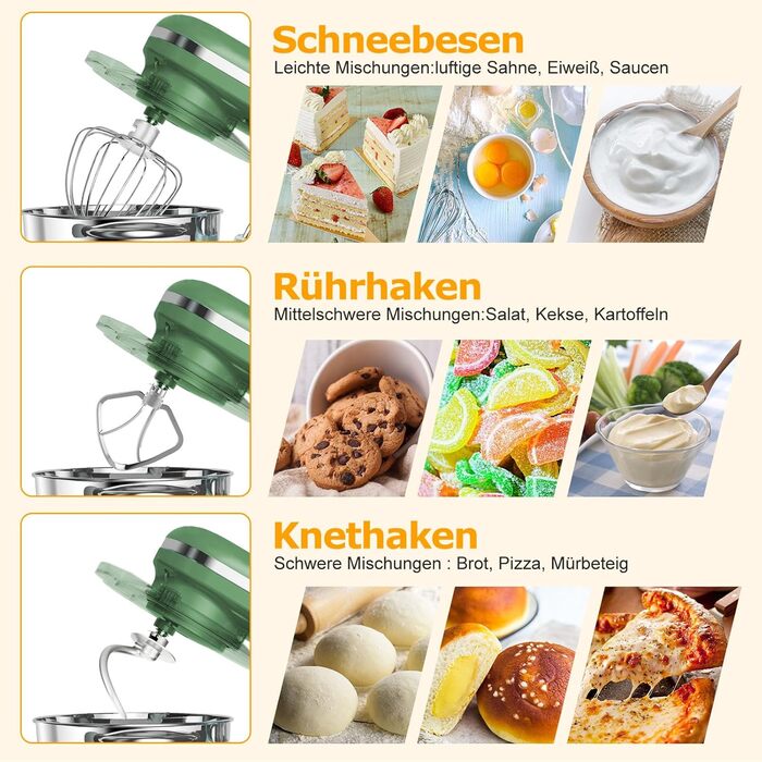 Кухонна машина AUMATE 1400W, 6.2 л, оливковий, з міксером та гаками для тіста