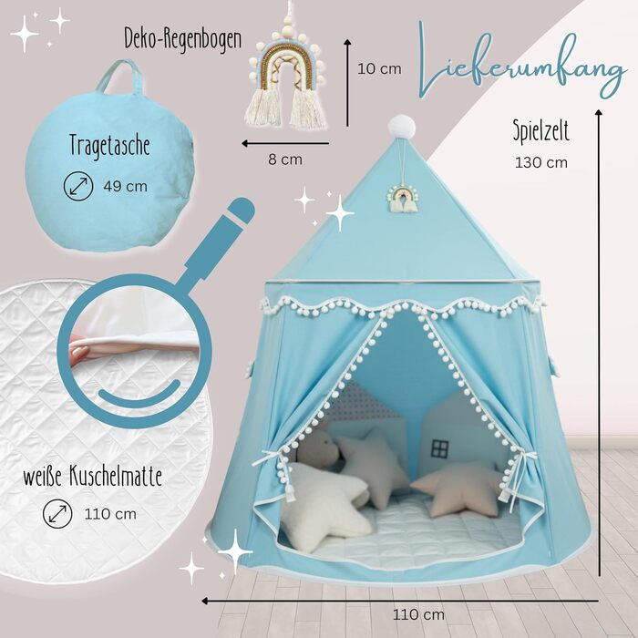 Дитячий намет LIONHERZ® DAS ORIGINAL: Принцесин замок з бавовни та льону | З фібергласовими стержнями та сумкою | Стабільний намет-тіпі для дівчаток (без аксесуарів)