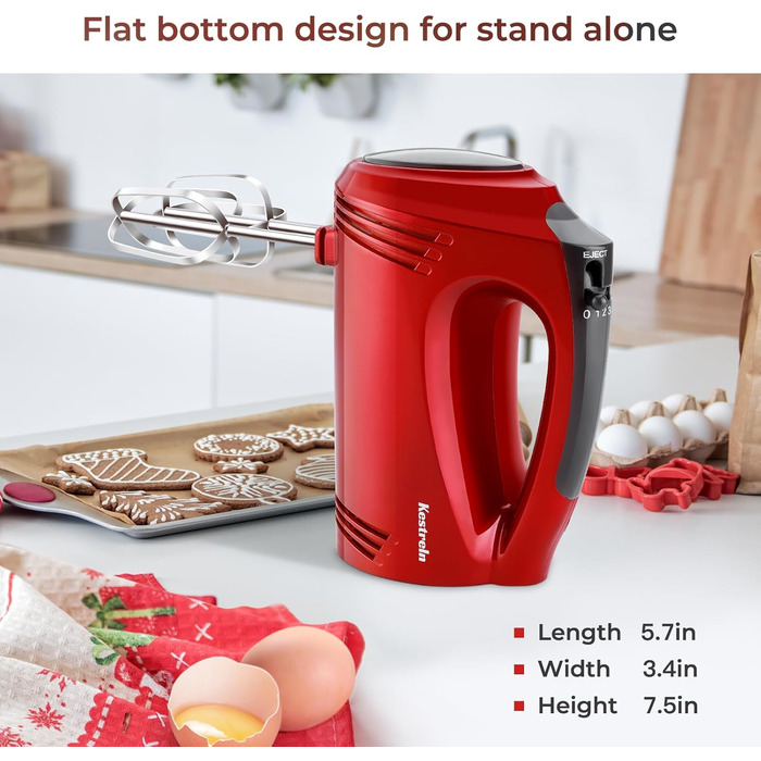 Електричний ручний міксер Kestreln з плоским дном, для випічки, з гачками для тіста, червоний