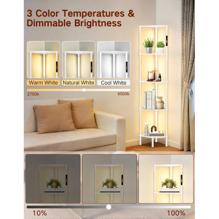 LED торшер з полицею, 3 режими світла, димування (сенсор/пульт), кутова полиця 5-рівнів, вузький книжковий стелаж для вітальні, спальні, офісу (білий)