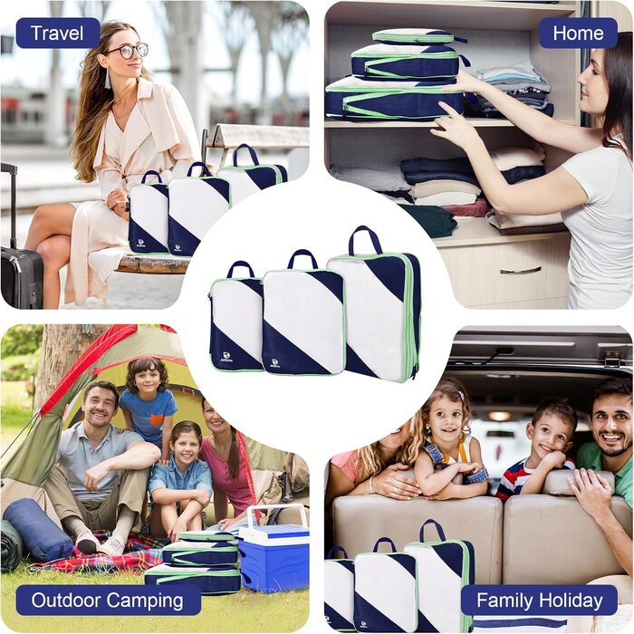 Набір компресійних органайзерів для одягу AiQInu (5 шт), ультралегкі сумки для пакування в подорожі з мішком для взуття та білизни, темно-синій