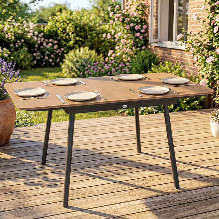 Садовий стіл 140 x 80 см на 6 осіб, стійкий до корозії, обідній стіл для вулиці зі стільницею з WPC, регульовані ніжки, колір тік