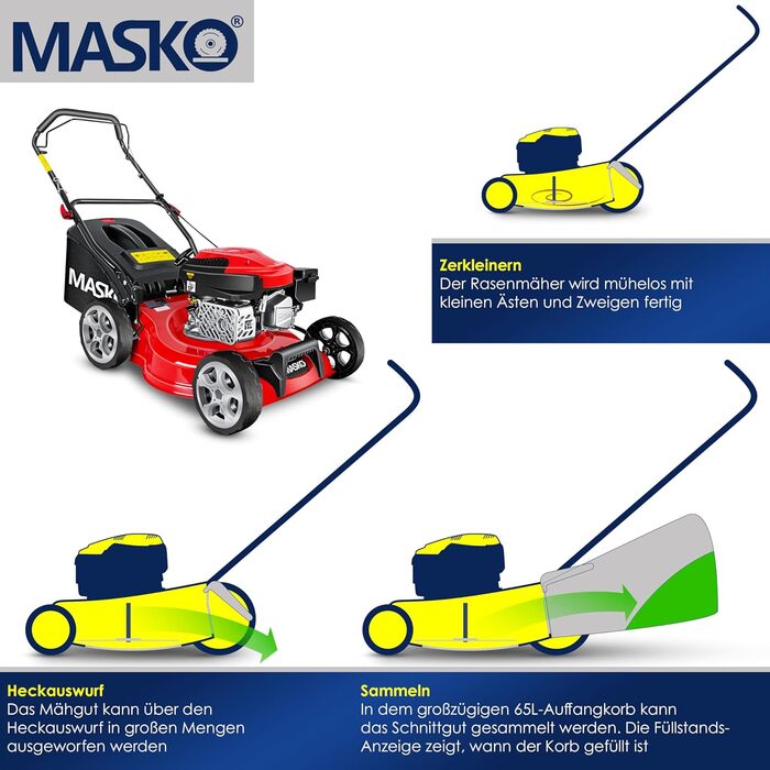 Бензиновий газонокосарка MASKO® 5in1 | Ширина косіння 51 см | 8 положень висоти стрижки | 4-тактний OHV двигун 6.0 PS | Об'єм кошика 65 л | В комплекті: комплект для мульчування, боковий викид (ширина 42 см)