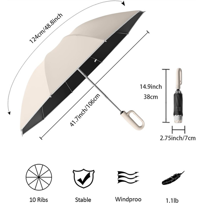 Парасолька для гольфу перевернута зворотна 10 ребер, автомат, захист від ультрафіолету, світловідбивачі, бежевий, 106см