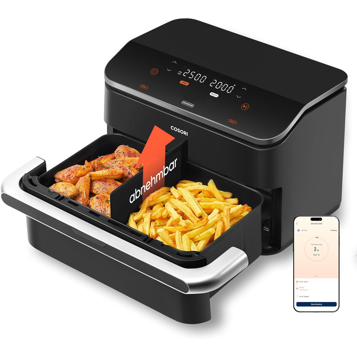 Фритюрниця COSORI з 2 камерами Dual Blaze TwinFry 10L, з 4 нагрівальними елементами, чорний/сріблястий