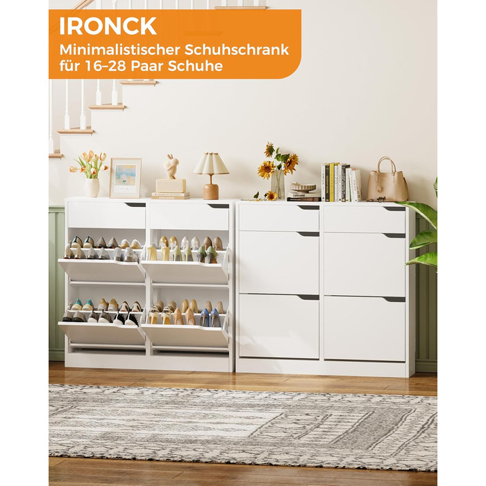 Шкаф для взуття IRONCK з 4 дверцятами, вузький, з 2 висувними ящиками, окремо розташований, з регульованими перегородками, для передпокою, входу та вітальні (Білий) 100*23.5*98 см, Білий