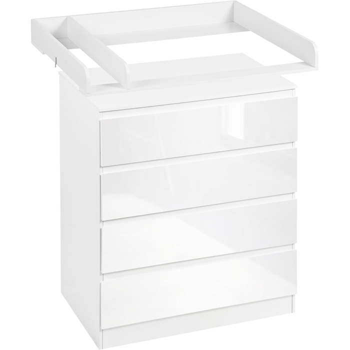 Комод для переодягання дитини Woltu з знімним пеленальним столиком, пеленальний столик, комод з 4 висувними ящиками, висота 110 см, білий + глянсовий білий