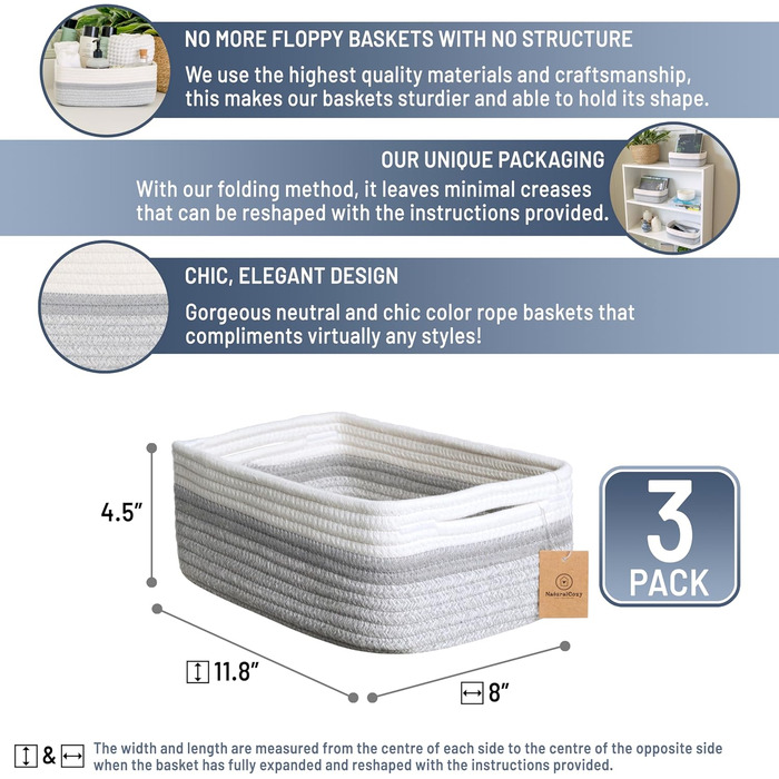 Кошики для полиці NaturalCozy прямокутні, 30 x 20,3 x 11,4 см, зелені, набір 3 шт.