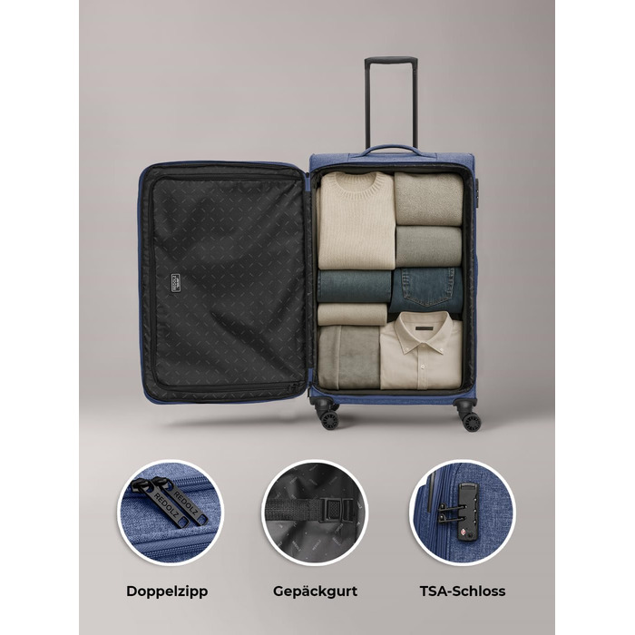 Набір валіз REDOLZ 3 шт. для жінок та чоловіків | Легкі та міцні валізи-ролики, якісний софт-кейс, 4 подвійні колеса, TSA-замок, розширювані | Blue, L (79 см)