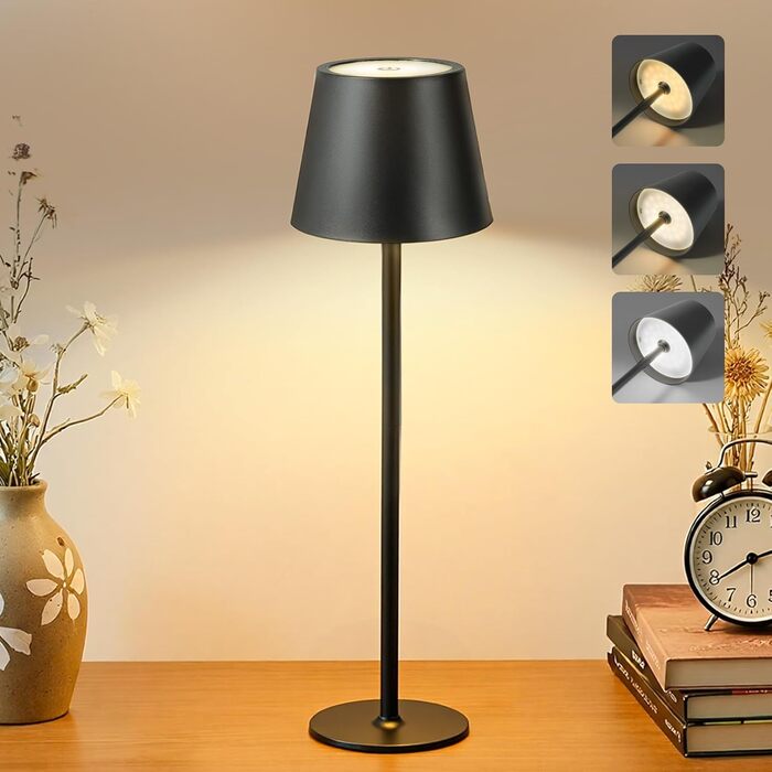 LED настільна лампа Bonsery 2 шт. бездротова, 5200mAh, регульована яскравість, 3 кольори світла, металева, вологостійка, 2 висоти (24/37,5 см), для дому, бару, кемпінгу, чорна