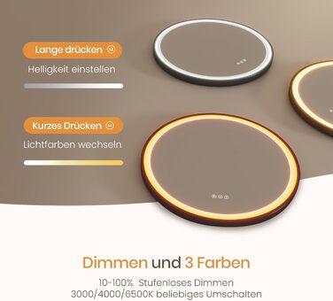 Круглий дзеркало для ванної кімнати EMKE з підсвічуванням 50см, регулювання кольору світла, антизапарник, пам'ять, сенсорне управління, таймер 3 години, енергозберігаючий