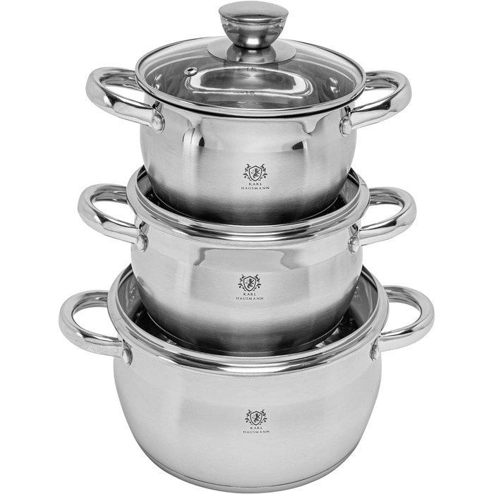 Набір каструль Karl Hausmann 3 шт. з нержавіючої сталі для індукційних та інших плит з кришкою з термостійкого скла та мірною шкалою