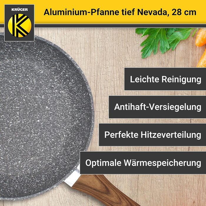 Алюмінієва сковорода KRGER Невада - Сковороди з високоякісним антипригарним покриттям - Ергономічна ручка сковороди - Можна мити в посудомийній машині та індукції (глибина 28 см)