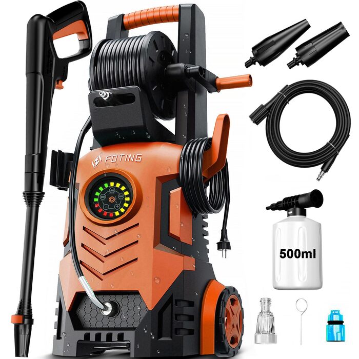 Високотискний мийник 2026 Neu 180 бар, 6-в-1 насадка, 420 л/год, 50 м²/год, економія води, піночистка 500 мл, барабан для шлангу 33л