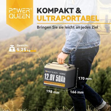 Акумуляторна батарея Power Queen 12,8 В 100 Ач LiFePO4, батарея 1280 Втгод зі 100 А BMS, 4000 циклів зарядки, ідеально підходить як джерело живлення для тягового тролінгового двигуна 30 70 фунтів, автофургон, човен (12V50Ah)