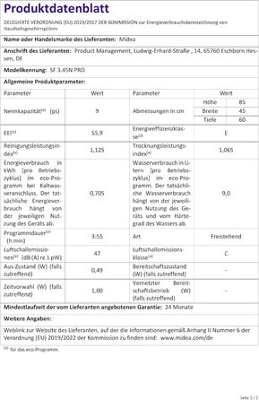 Посудомийна машина Midea SF 3.45N PRO: 9 комплектів, Inox, Wi-Fi, 47 dB, 45 см, енергоклас E
