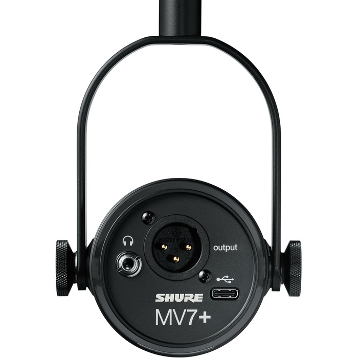 Мікрофон Shure MV7+ для подкастів, студійний, USB-C/XLR, LED-панель, авто-рівень, цифровий поп-фільтр, ефекти, для запису, стрімінгу, чорний