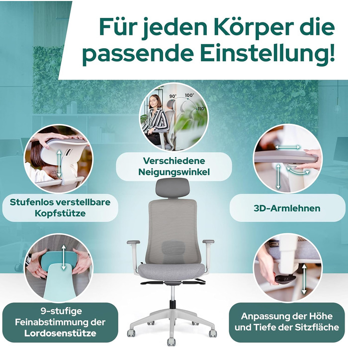 Ергономічне крісло Schekka® для офісу - переможець тестів. Індивідуальне регулювання, підтримка голови та попереку, 3D підлокітники, дихаюча сітка. Макс. вага 150 кг (Світло-сірий/М'ятний)