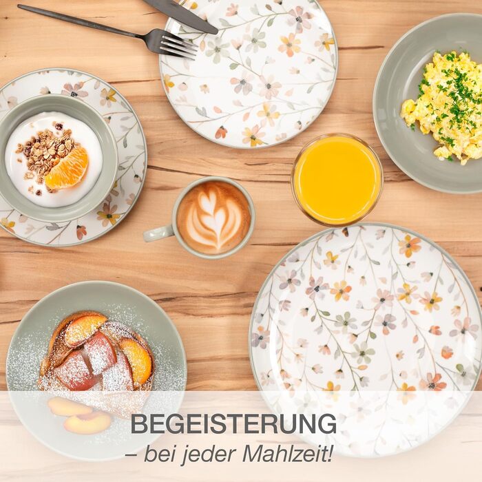 Набір посуду Moritz & Moritz PRIMAVERA з кераміки на 6 осіб (24 шт.) - сучасний сервіз з ігровим дизайном, легкий у догляді, включає тарілки, чашки та миски