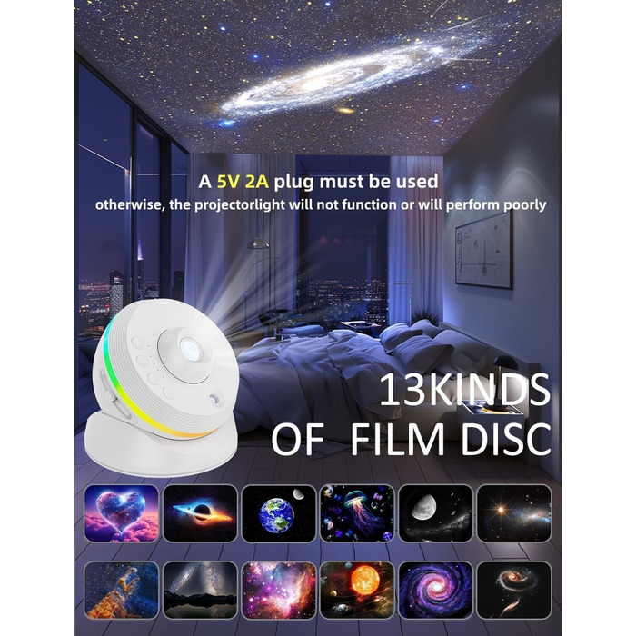 Проєктор зоряного неба VanSmaGo 8-го покоління Sternenhimmel Galaxy: Планетарій, нічник HD з обертанням 360° та таймером (білий)
