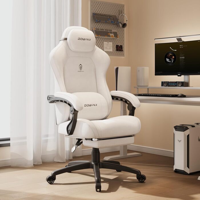 Ігровий крісло Dowinx з регульованою висотою масажного поперекового підтримувача, ергономічний дизайн, м'яка мікрофібра велюр, посилене сидіння, підголовник та підніжка в комплекті, регулювання на 155°, (Білий, Титан)