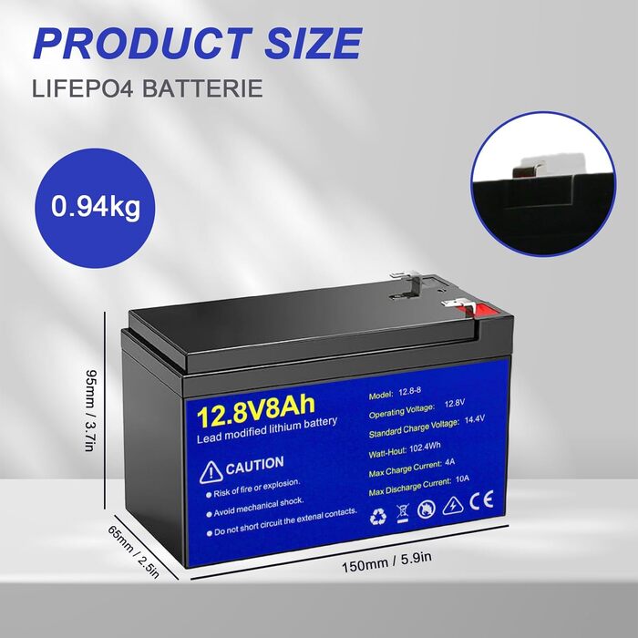 Акумуляторна батарея Lifepo4 100Ah 12V з 15000 циклами та захистом BMS, заміна на свинцево-кислотну (12,8 В/8 Агод)