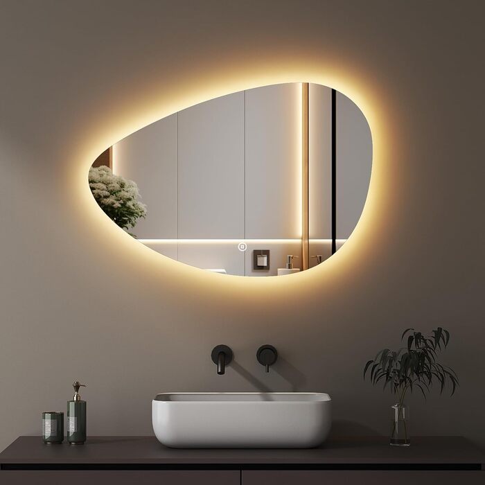 Асиметричне дзеркало для ванної кімнати Boromal з підсвічуванням 80x80 см, LED, сенсорний вимикач, 3 кольори, регулювання яскравості