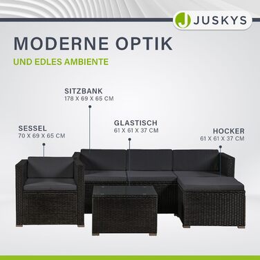 Садовий комплект меблів Juskys Polyrattan Punta Cana для 4-5 осіб: диван, крісло, пуф, стіл, подушки - чорний/сірий