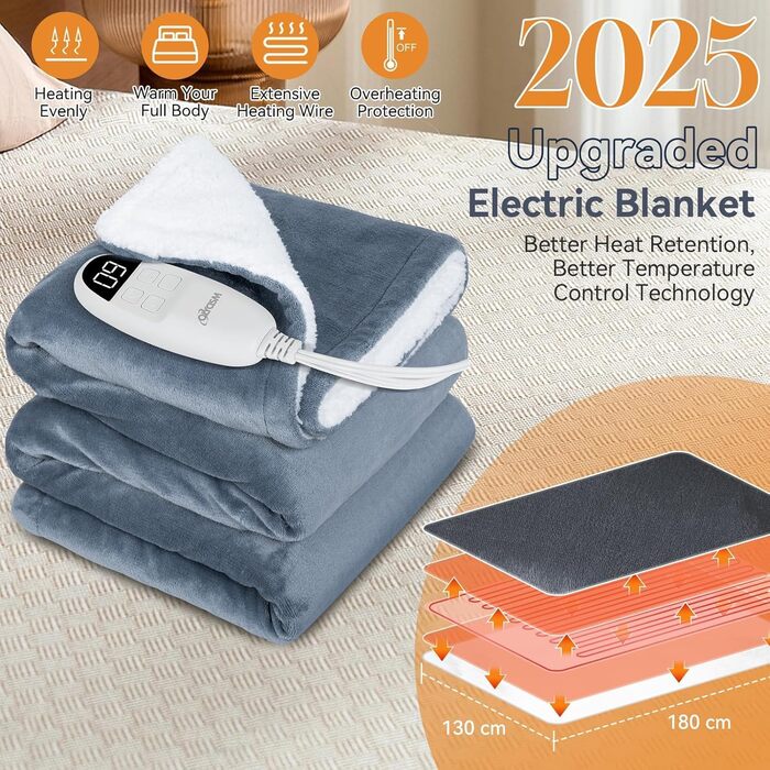 Електрична грілка з автовимкненням 160x130 см, 9 температурних режимів, таймер, LED-дисплей, пральна, для дивана, ліжка, офісу, подарунок. Кольори: сірий 130*160 см, сірий 130*180 см