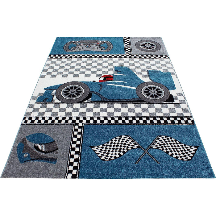 Дитячий килимок з коротким ворсом Formula 1 Дизайн гоночного автомобіля Дитяча кімната Ігрова кімната 11 мм Висота ворсу М'яка прямокутна доріжка Колір Розмір 120x170 см (140x200 см, синій)