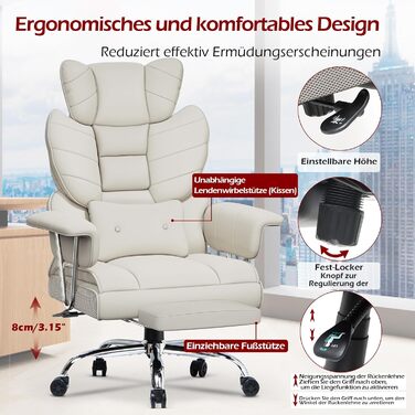Офісний крісло NaspaLuro з підставкою для ніг, ергономічне, з підтримкою попереку, з високою спинкою, для дому та офісу, сірого кольору (білий 2, 77x66x134 см)