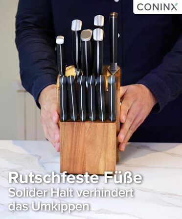 Блок для ножів Coninx Universal з інтегрірувачем – Тримач для ножів з акації на 15 слотів – Стійкий підставка для кухонних ножів, хлібного ножа, ножа для стейка та ножиць, коричневий з інтегрірувачем