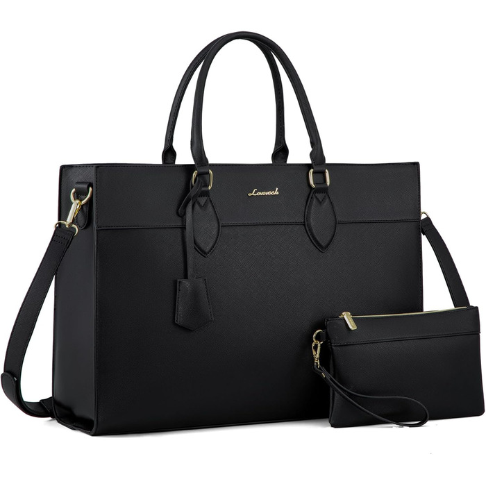 Сумка для ноутбука LOVEVOOK 15.6 дюймів, велика робоча сумка, шопер, акцентна сумка, водонепроникна сумка з PU шкіри, для бізнесу, роботи, навчання, чорна