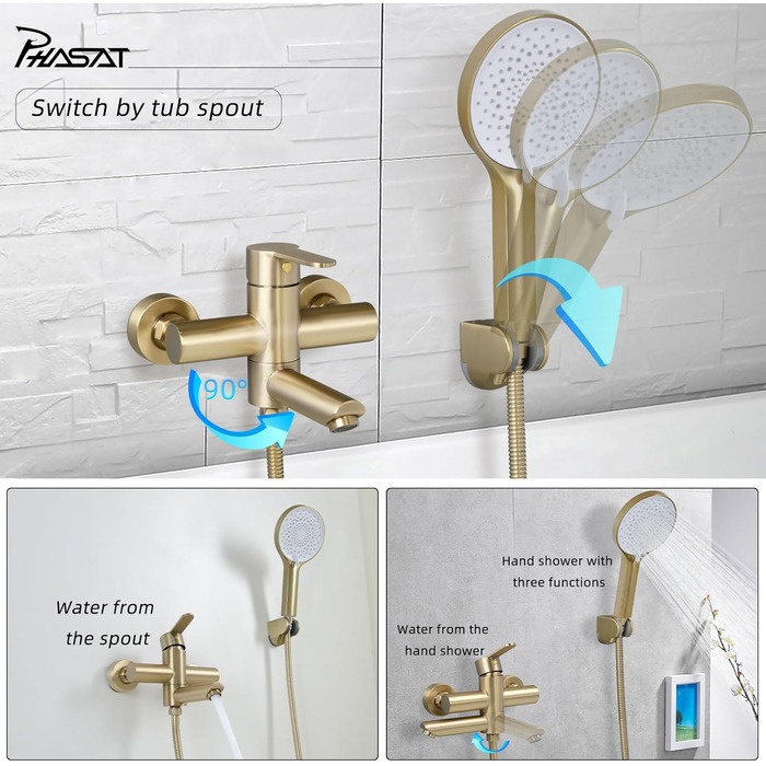 Набір змішувач для ванни PHASAT з душовою лійкою, чорний, настінний монтаж, PTBB13E