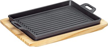 Професійна кухонна сковорода-гриль для барбекю чавунна решітка з канавками на дерев'яній дошці, кутова, 32 x 22 x 3,5 см, костровище, всі типи плит, включаючи кухонну плиту. Індук