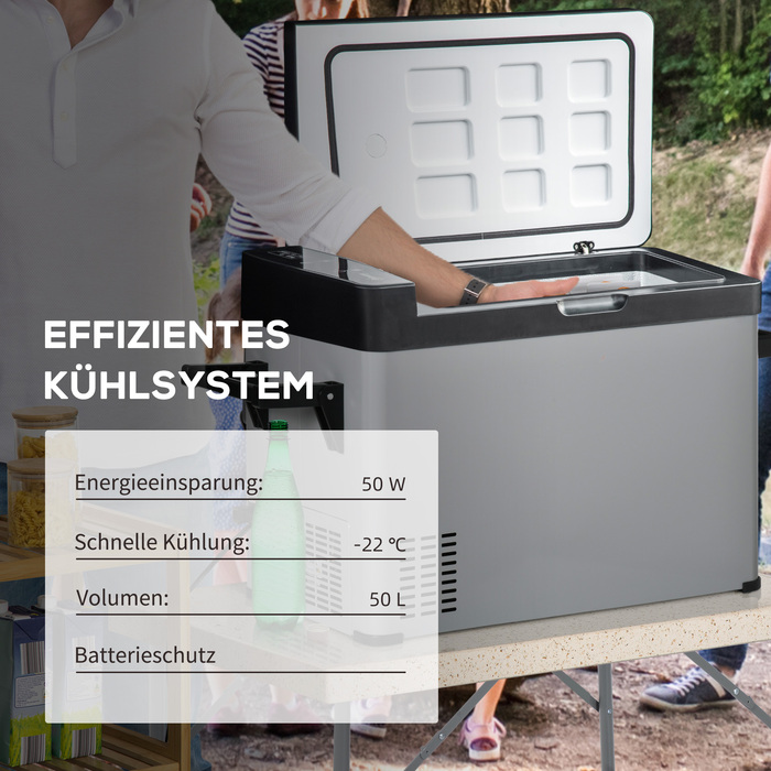 Холодильник автомобільний Outsunny Kühlbox 50L з LCD-дисплеєм, 2 режими роботи, компресорний, з ручками, для кемпінгу, подорожей на човні, 12/24V DC та 110-240V AC, сірий+чорний