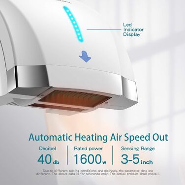 Автоматичний сушар для рук Modunful з інфрачервовим сенсором, настінний, 2000W, тихий (40 dB), ABS-покриття, білий