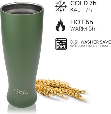 Термокухоль для пива Milu Weizenbierglas 500 мл, нержавіюча сталь, оливково-зелений (з гравіюванням) - подарунок для чоловіків, тата. Зберігає холод до 7 годин, придатний для миття в посудомийній машині