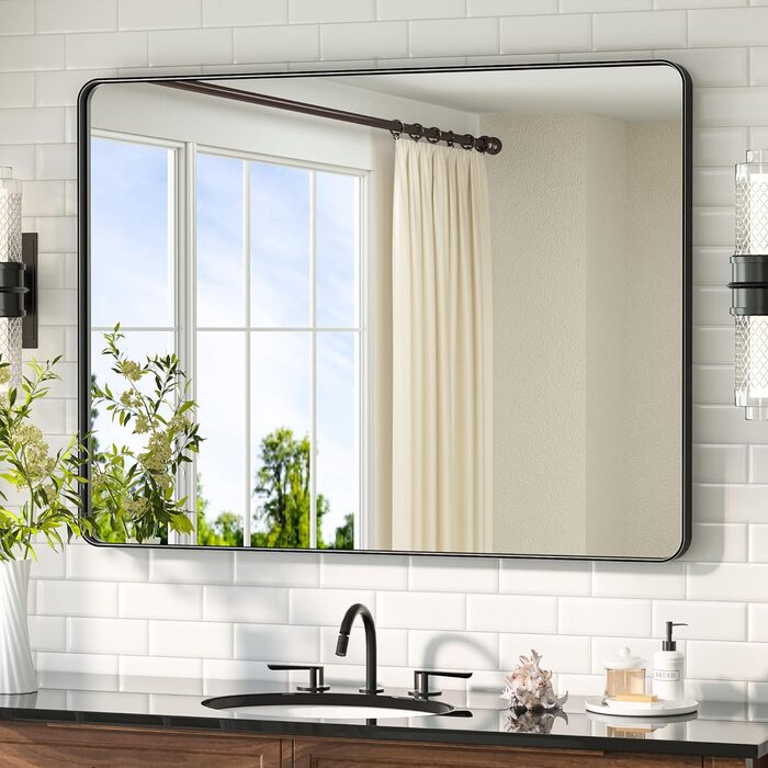 Дзеркало для ванної кімнати TETOTE 40x50 см, прямокутне, з металевим каркасом, з закругленими кутами, для мийки, з загартованого скла (чорний)