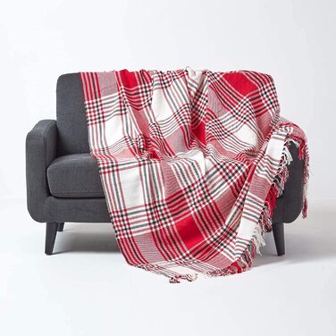 Покривало в клітку в клітку, покривало для дивана і крісла з бахромою, м'яке Домашнє ковдру з 100 бавовни, шотландський візерунок, картатий (225 х 255 см, червоно-білий)