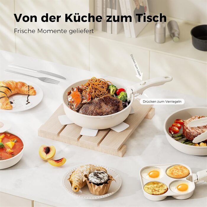 Набір посуду YASHE 20 предметів: каструлі та сковорідки з знімними ручками, антипригарне покриття, індукційний, до 230°C, для миття в посудомийній машині, сірий та білий