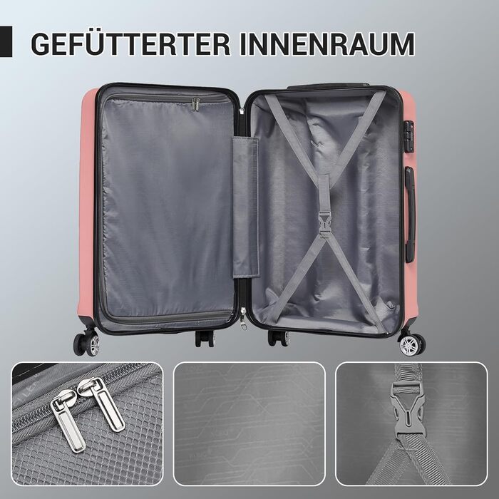 KONO Набір валіз 3 в 1 з ABS, рожевий колір, з TSA замком, M-L-XL, з роликами