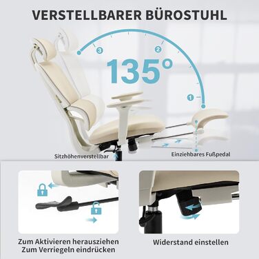 Ергономічне крісло для офісу з підніжкою, висока спинка, 2D-підголівник, відкидні підлокітники, сидіння з губки, сітчастий офісний крісло, крісло для начальника, комп'ютерне крісло для дорослих (кремовий)