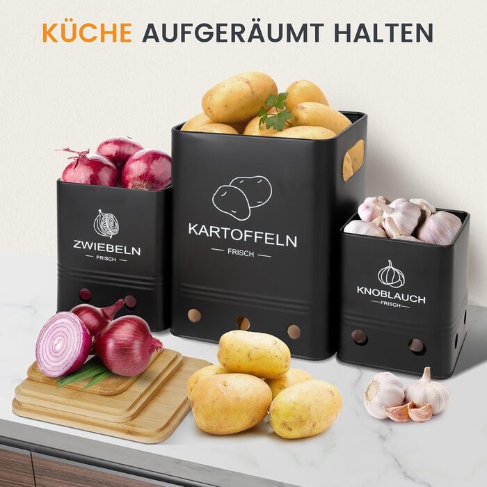 Набір контейнерів для зберігання картоплі, цибулі та часнику (3 шт) з бамбуковими кришками - Моз (Moz) - Чорний