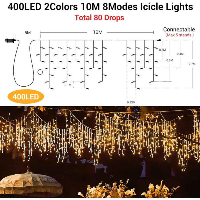 Світлодіодні крижані дощові ліхтарі, розширювані, таймер, 4 кольори, 10 м для Різдва на відкритому повітрі, 800