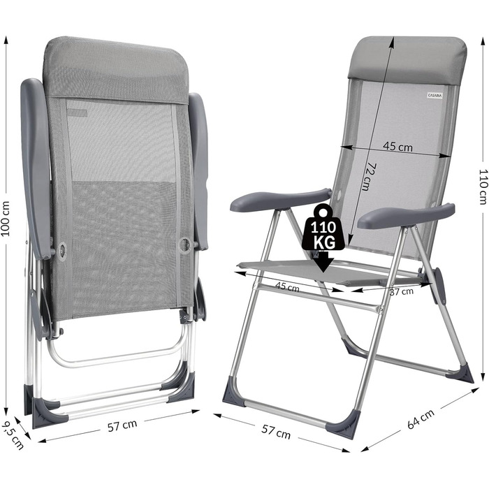 Садові стільці Casaria Набір з 2 складаних 7-позиційних регульованих алюмініумів з високою спинкою Функція відкидання Складне балконне крісло для кемпінгу Розкладне крісло Набір з високою спинкою з 2 сірих чохлів / сірої рами