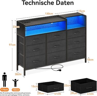 Комод ODK з шухлядами, 2 розетки, 2 USB, 10 LED-смужок, полиця, стільниця, 9 тканинних шухляд, чорний колір, 130x30x97 см