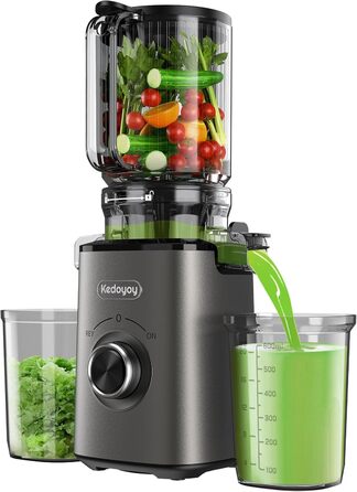 Електричний соковитискач Slow Juicer з великою завантажувальною воронкою 120 мм для цілих овочів та фруктів, об'єм контейнера для соку 600 мл, легке очищення, для сім'ї, фітнесу та здоров'я (сірий)