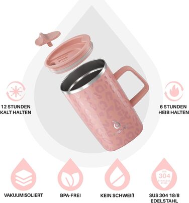 Кавова чашка Ideus® 470 мл з подвійними стінками, з нержавіючої сталі, з нековзним ручками та кришкою-ковпачком (Червоно-зебра, Рожева Леопард)