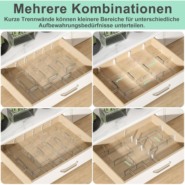 FUNIZE Регульовані роздільники для ящиків з вставками, 8 шт., роздільники 32-58 см + 16 шт. вставок 9-18 см, органайзер для ящиків, кухня, спальня, офіс, прозорий, 6 см висота